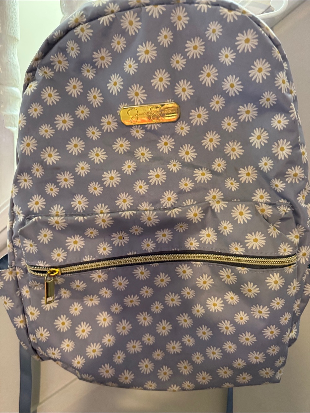 Daisy Print Blue Backpack - Gold Trim